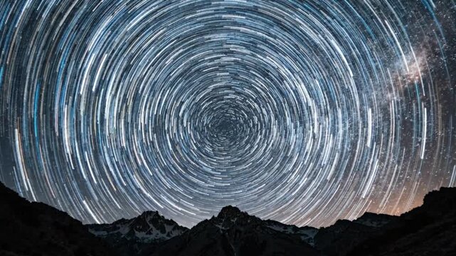Celestial Star Trails Over Mountain Peaks At Night, Astronomy Photography