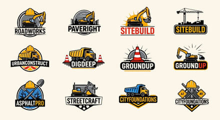 Construction Business Logos: Excavators, Dump Trucks, Cranes, Roadworks, Sitebuild © Wahyu