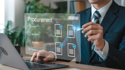 Fototapeta premium Businessman streamlining procurement processes using a futuristic digital interface, enhancing operational efficiency and supply chain management with advanced technology