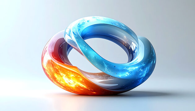 Abstract intertwined shape with fiery orange and cool blue gradients, sparkling particles, representing duality and transformation