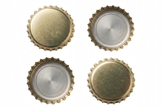 Four Metallic Bottle Caps Showing Top and Bottom Views