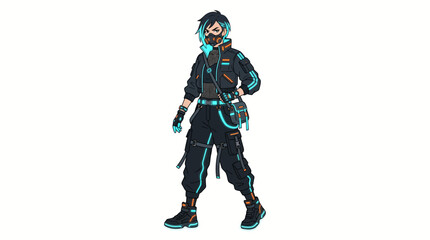Fototapeta premium Futuristic cargo fashion character with cropped bomber jacket and glowing accessories. Stylish urban vector illustration for modern streetwear and youth culture concepts