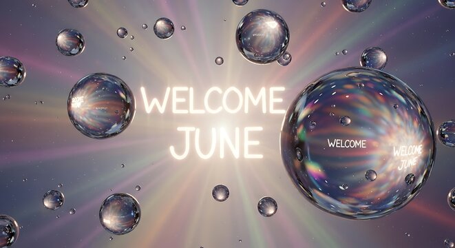 Welcome June message in sparkling crystal ball with bubbles.
