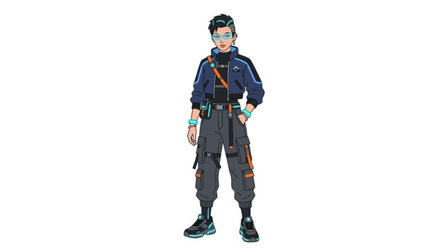 Futuristic cargo fashion character with cropped bomber jacket and glowing accessories. Stylish urban vector illustration for modern streetwear and youth culture concepts