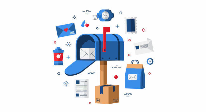 Modern Flat Vector Illustration of a Blue Mailbox with Envelopes and Packages for Postal Service, Direct Mail Marketing, and Correspondence Concept