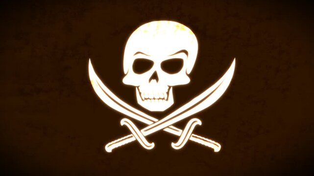 Vintage grunge Jolly Roger pirate skull and crossed sabers on worn dark brown waving textured flag
