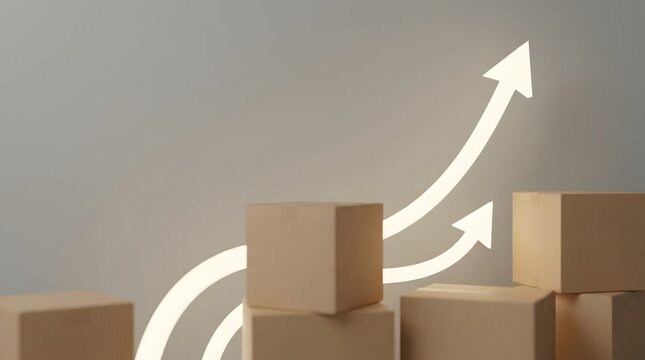Cardboard boxes stacked with upward arrows showing growth and improvement.