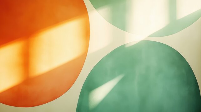 Geometric abstraction shows overlapping ovals in green and peach colors on a cream background with soft light