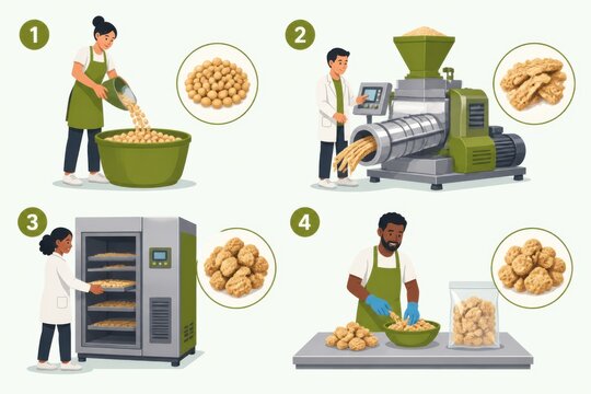 Flat vector illustration set of plant based snack production with workers machines and packaged food processing scenes