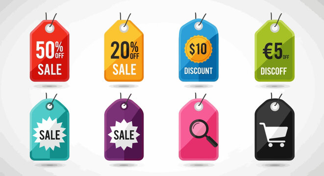 Collection of Colorful Sale Price Tags and Discount Labels on White Background