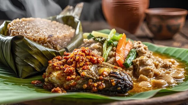 Delicious Sri Lankan Rice and Curry Served on Banana Leaf.