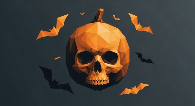 Low poly skull pumpkin with bats flying on dark background halloween geometric