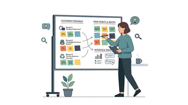 Professional woman analyzing customer personas and pain points on a whiteboard