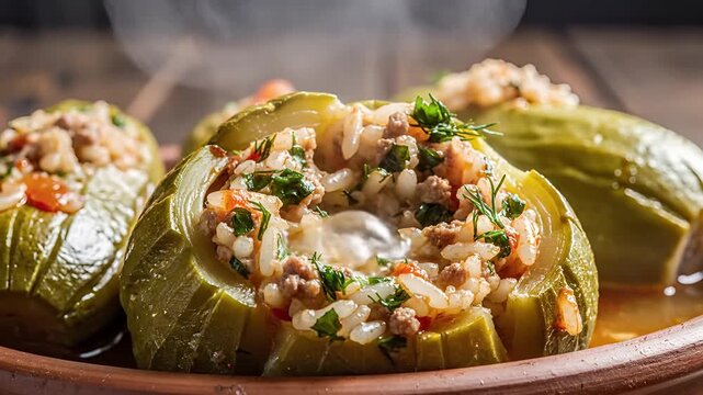 Delicious Stuffed Zucchini Boats with Rice and Meat Filling.
