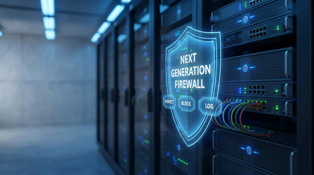 Cyber Security Next Generation Firewall Shield Overlay in Data Center Server Room