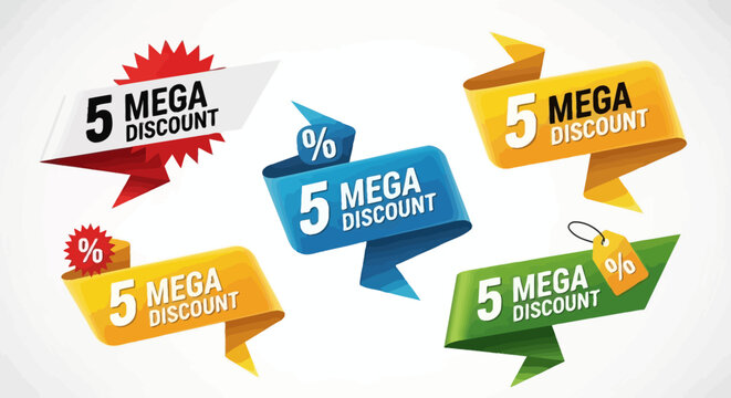 Mega Discount Sale Tags - 5 Percent Off Offer Labels, Red, Blue, Yellow, Green