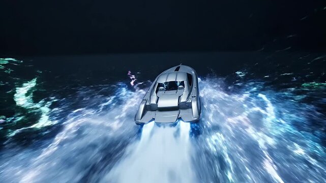Futuristic Hovercar Speeds Over Water - A sleek, futuristic hovercar accelerates across a liquid surface, leaving a trail of luminescent blue and pink waves.
