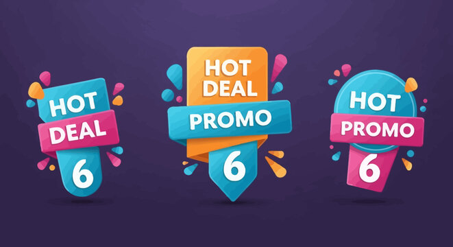 Hot Deal Promo 6 Sale Discount Labels - Set of 3 Colorful Badges