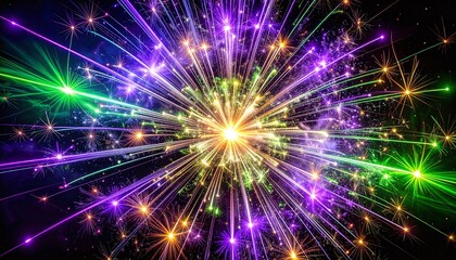 Naklejka premium Vibrant explosion of colorful fireworks with bright purple, green, and golden light trails bursting from a central point. Perfect for festive celebrations and energetic backgrounds.