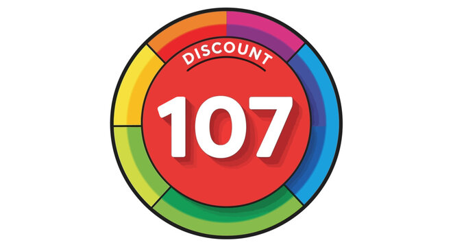 Colorful Discount 107 Sticker with Rainbow Segments and Red Center