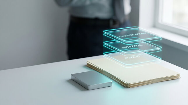 Data Security and Information Classification Concept with Futuristic Holographic Interface on Office Desk