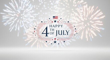 Fototapeta premium Happy 4th of July graphic with American flag and fireworks illustration in patriotic red, white, and blue colors, celebrating Independence Day with festive celebration elements and star motifs.