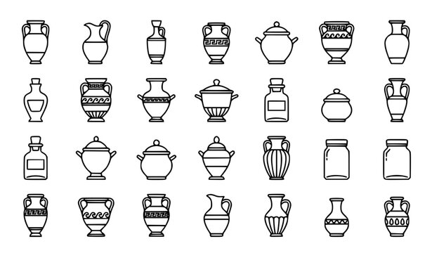 Monochrome antique vase and ceramic jar icon collection with outline symbols