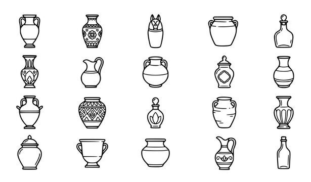 Black and white antique vase outline icon set with ceramic jars and decorative vessels