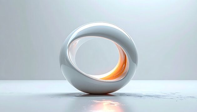 Abstract Mobius loop sculpture with glowing orange core and metallic sheen, clean studio setting, futuristic design element