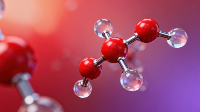 Molecular structure with red and clear spheres