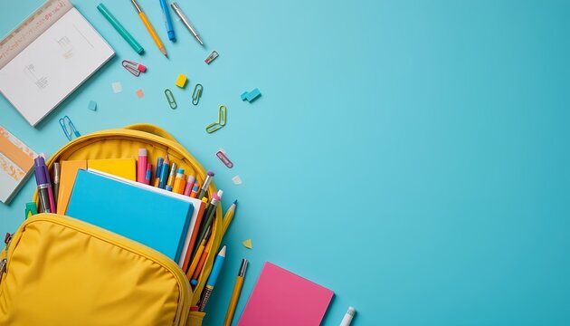 Yellow school backpack filled with colorful stationery on a blue background, top view flat lay composition, vibrant back-to-school concept with notebooks, pencils, and paper clips