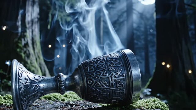 Mysterious Goblet in Enchanted Forest - A mystical silver goblet, adorned with intricate runes, rests on a bed of moss in a dimly lit forest.
