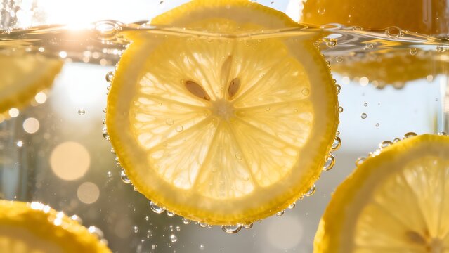 Lemon slices in water with bubbles