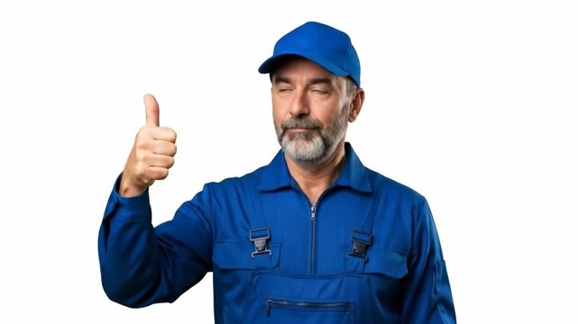 Smiling worker in blue uniform giving a thumbs-up sign