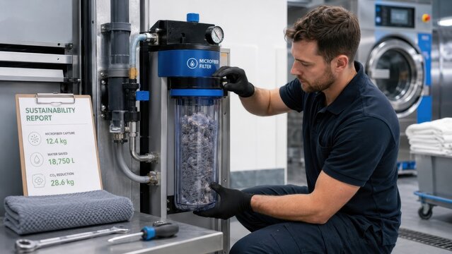Worker inspects microfilter in commercial laundry facility while reviewing sustainability report on a nearby table