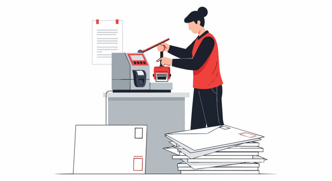 Postal Worker Using Franking Machine to Process Mail Envelopes in Mailroom Illustration