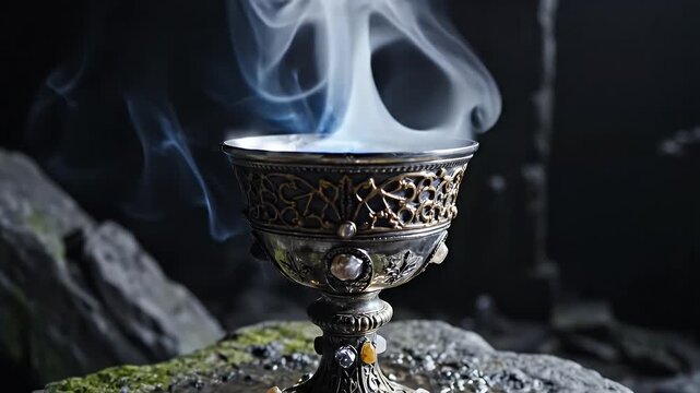 Mystical Chalice with Rising Smoke - An ornate chalice rests on a moss-covered stone surface, surrounded by an enigmatic atmosphere.