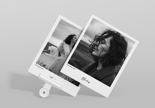 Hanging Polaroid Photo Mockup with Wooden Clips