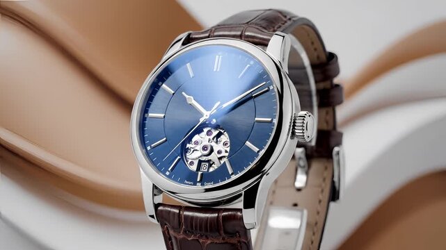 Elegant Mechanical Watch with Blue Dial and Leather Strap.