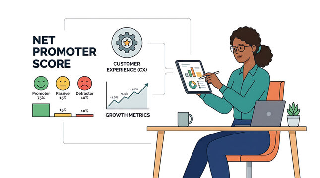Businesswoman analyzing net promoter score and customer experience data on a tablet