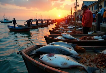 Obraz premium Vibrant Harbor Fishery Celebrating Responsible Practices and Abundant Sea Life