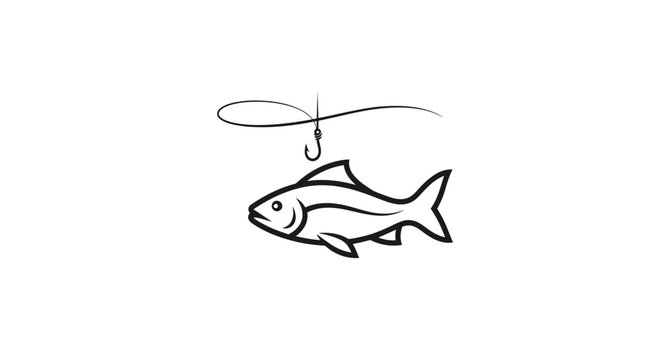 Hand-drawn outline of a fish caught on a fishing hook and line, isolated on white