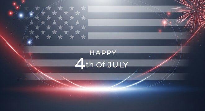 Abstract American flag with fireworks and glowing light streaks in red, white, and blue colors, celebrating Independence Day holiday with festive graphic design elements and patriotic theme.