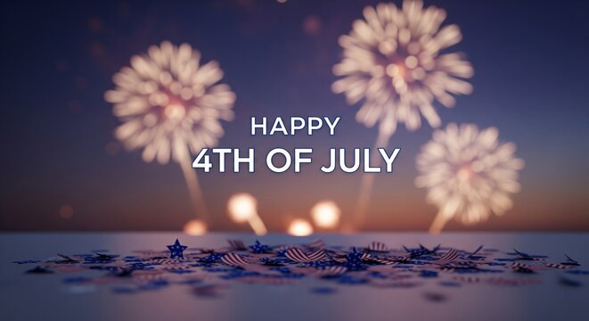 Happy 4th of July text overlay with blurred fireworks and patriotic confetti scattered on a reflective surface during twilight with a deep blue and orange gradient sky.