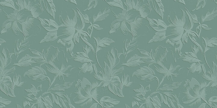 A series of elegant, seamless floral and leaf patterns featuring a 3D embossed texture on a canvas like background in sage green.
