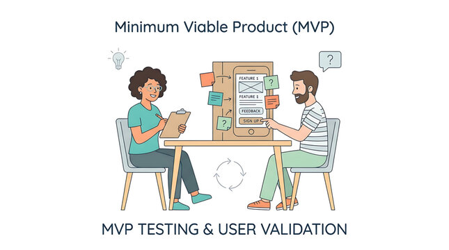 Minimum viable product testing and user validation concept people brainstorming and discussing mobile app prototype design with sticky notes and feedback vector illustration