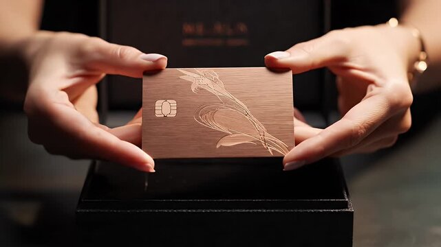 Elegant Metal Card Unveiling - A person holds an elegant metal card with intricate patterns, highlighted by ambient lighting.