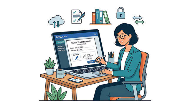 Businesswoman signing a digital contract on a laptop in a modern office environment