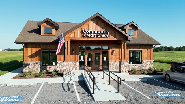 Community Credit Union Building Exterior - A sunny view of a small wooden and stone Community Credit Union building with a ramp entrance, American flag, and parked vehicles.