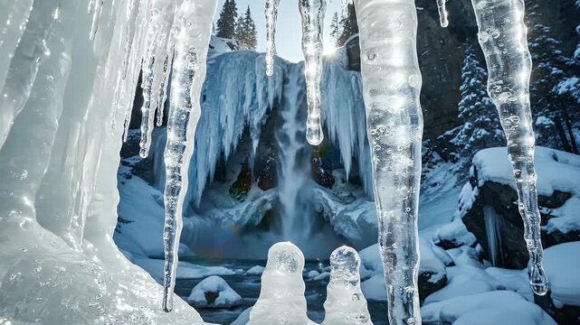Frozen Waterfall and Icicles in Winter Landscape - A stunning winter scene featuring glistening icicles hanging in the foreground against a backdrop of a frozen waterfall.